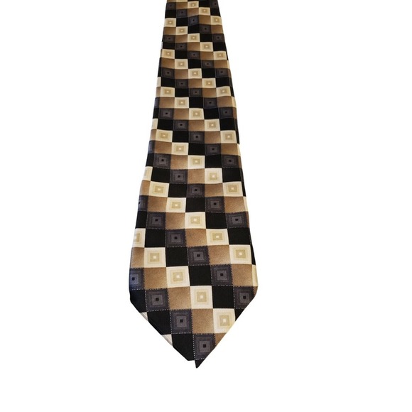 George Black Tan Cream Gradient Squares‎ Geometric Checks Mens Neck Tie Modern - Picture 1 of 12